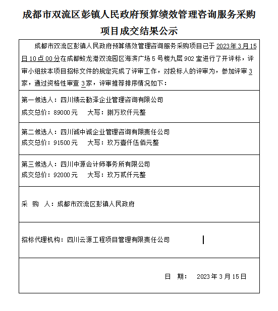 成都市双流区彭镇人民政府预算绩效管理咨询服务采购项目结果公示